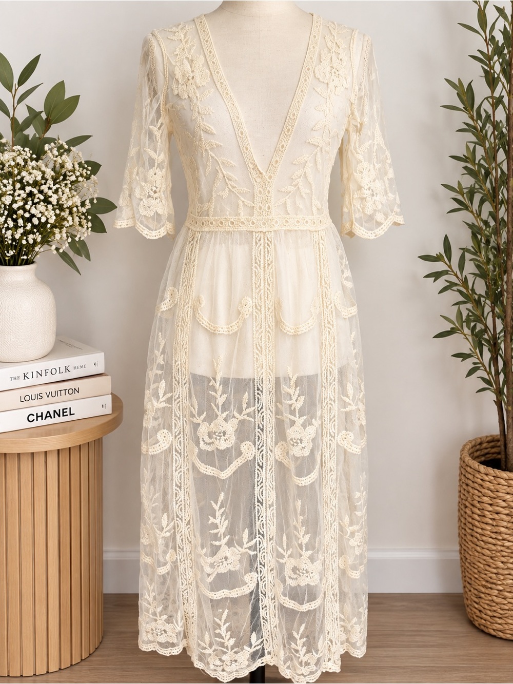 Woven Heart Sheer Ivory Embroidered Lace Robe